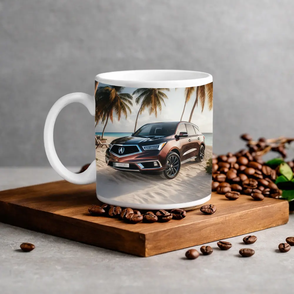 Acura MDX Parked on Sandy Tropical Beach – Mugs