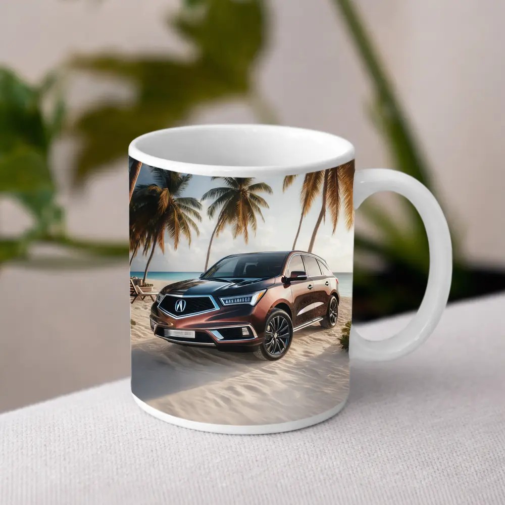 Acura MDX Parked on Sandy Tropical Beach – Mugs