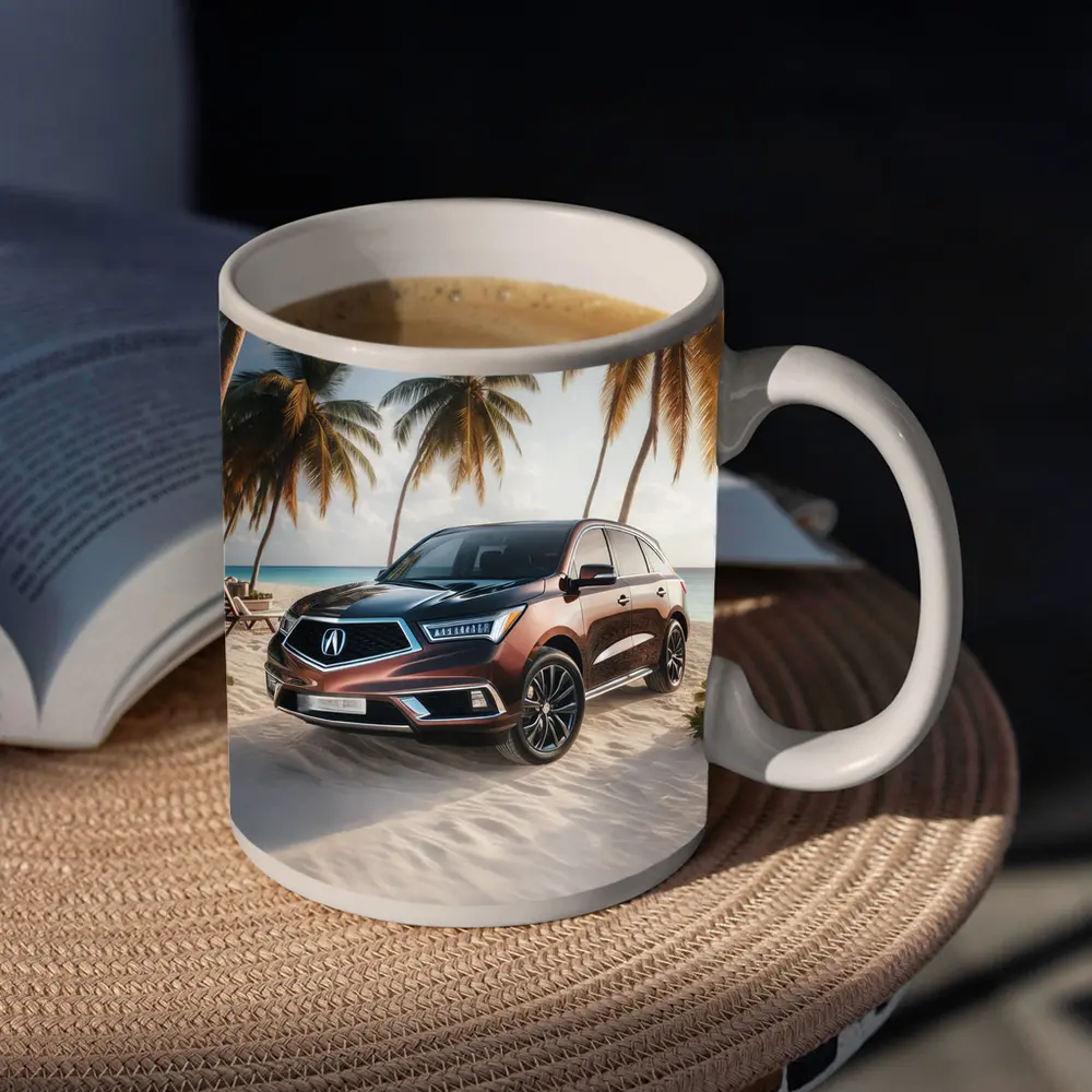 Acura MDX Parked on Sandy Tropical Beach – Mugs