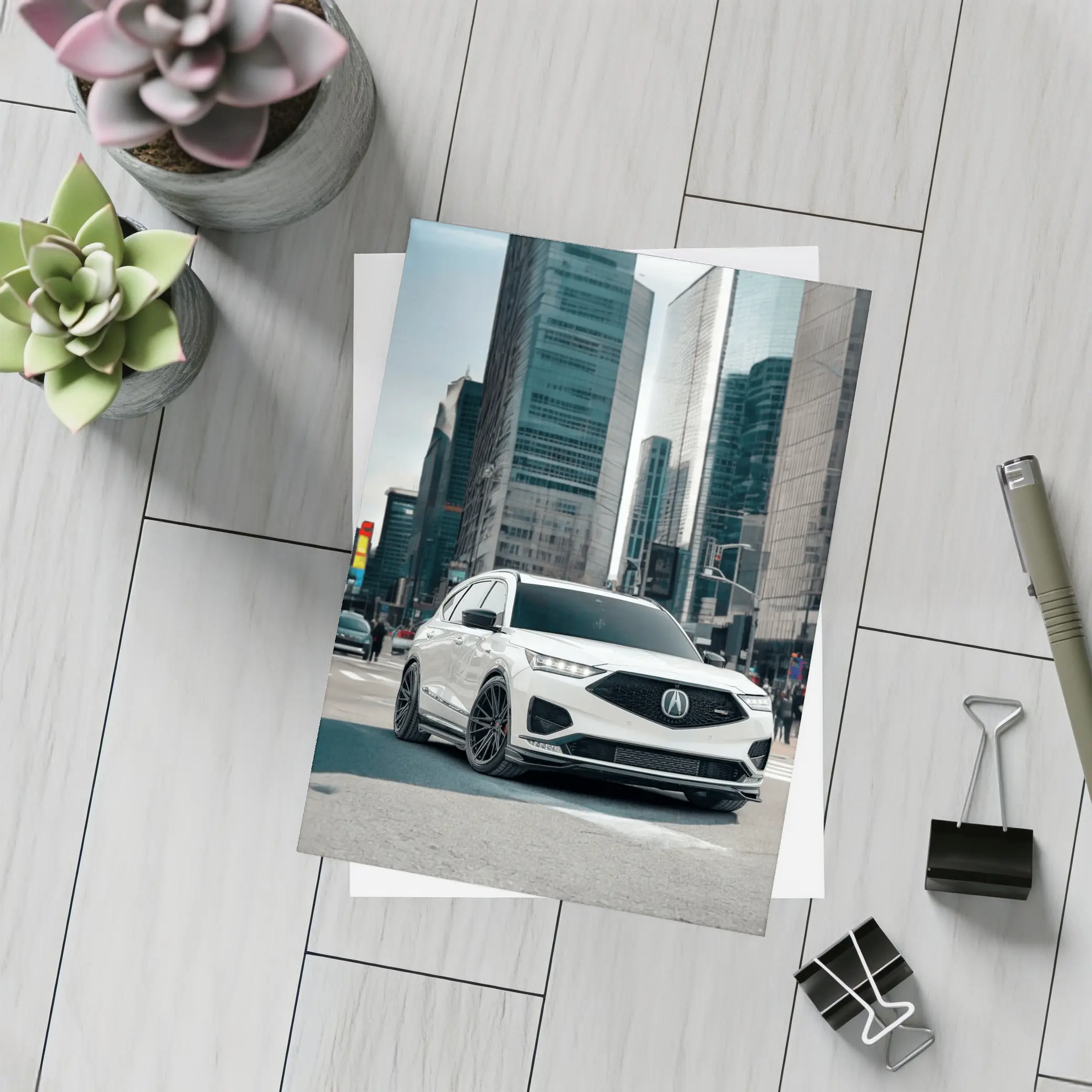 Acura MDX White SUV City Streets – Postcards