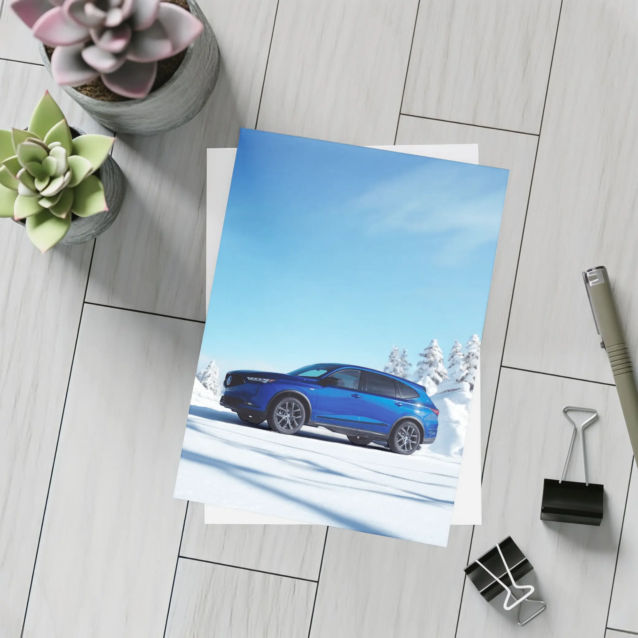 Acura MDX Blue SUV Snowy Winter Scene – Postcards