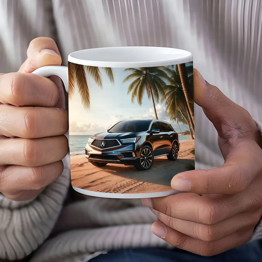 Acura MDX Parked on Tropical Sandy Beach – Mugs