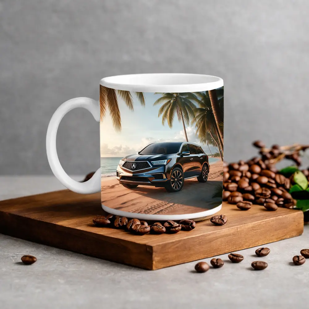 Acura MDX Parked on Tropical Sandy Beach – Mugs