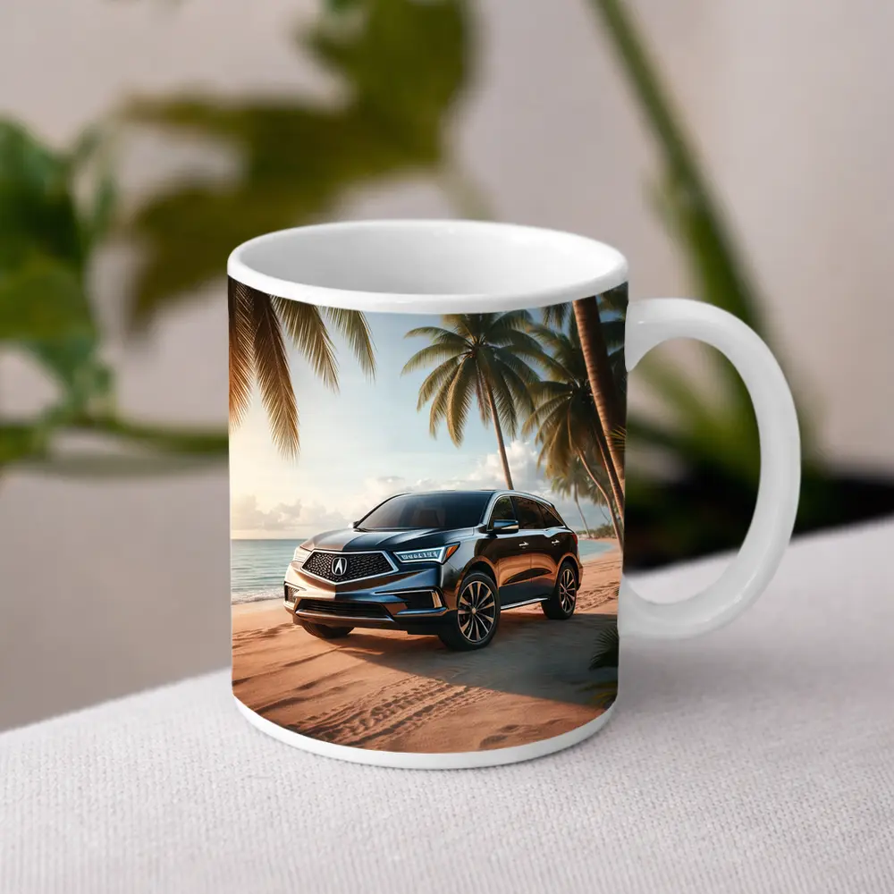Acura MDX Parked on Tropical Sandy Beach – Mugs