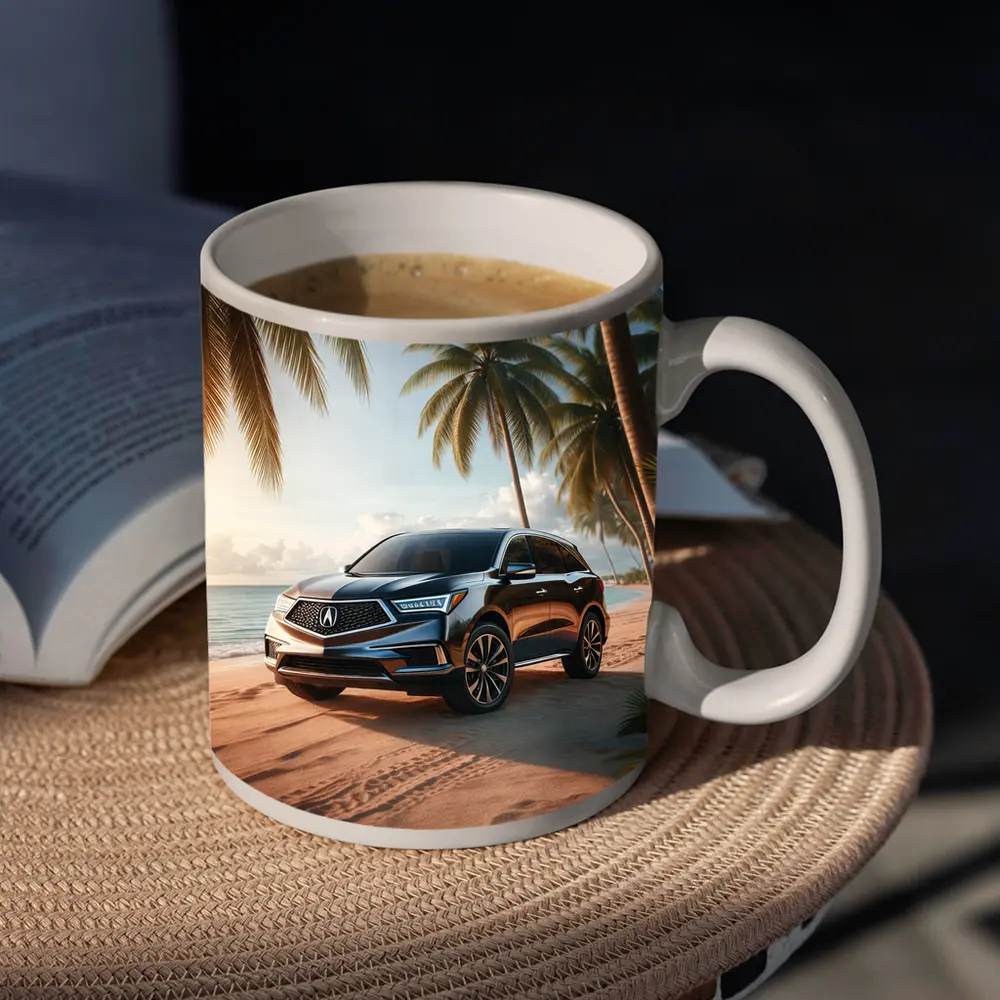 Acura MDX Parked on Tropical Sandy Beach – Mugs