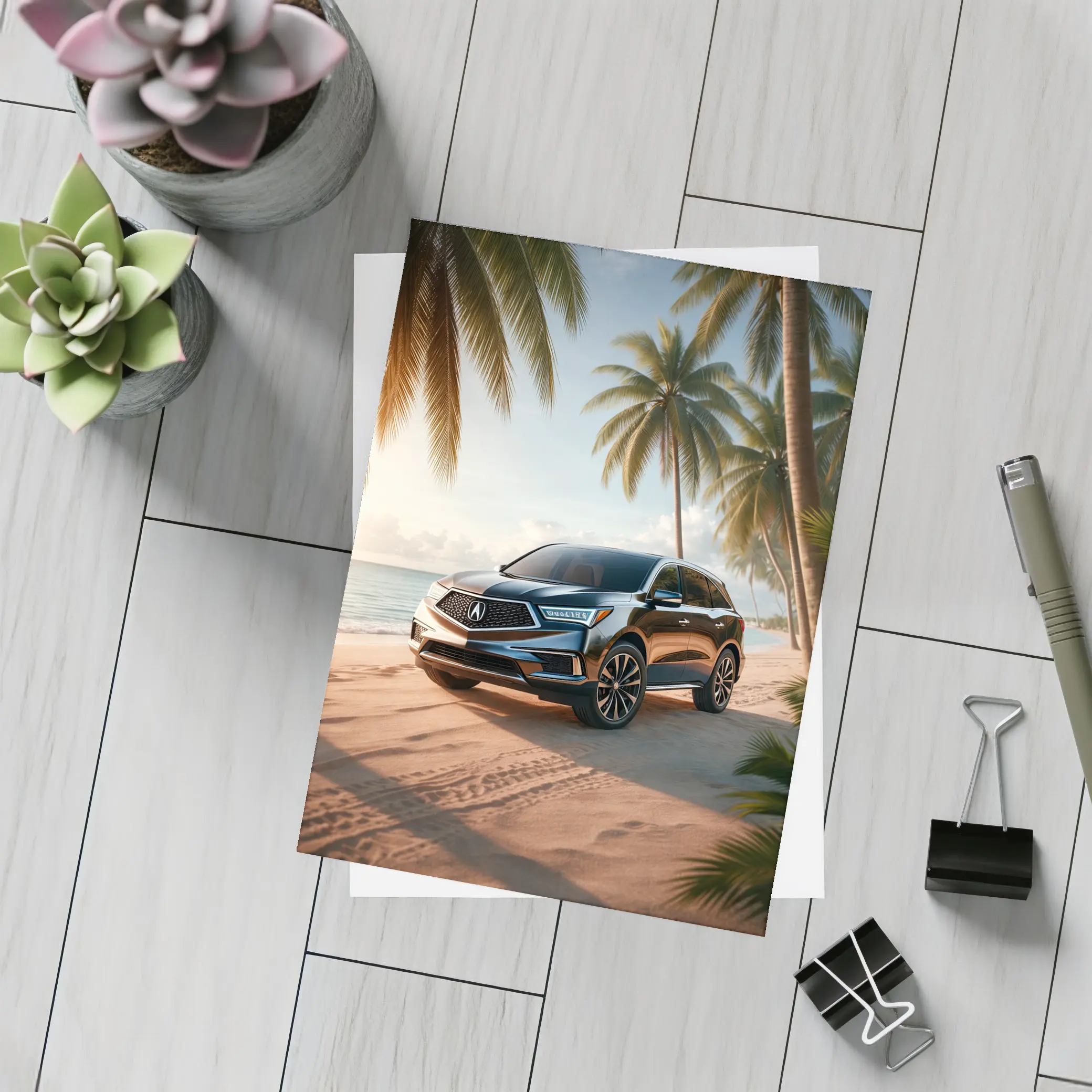 Acura MDX Parked on Tropical Sandy Beach – Postcards