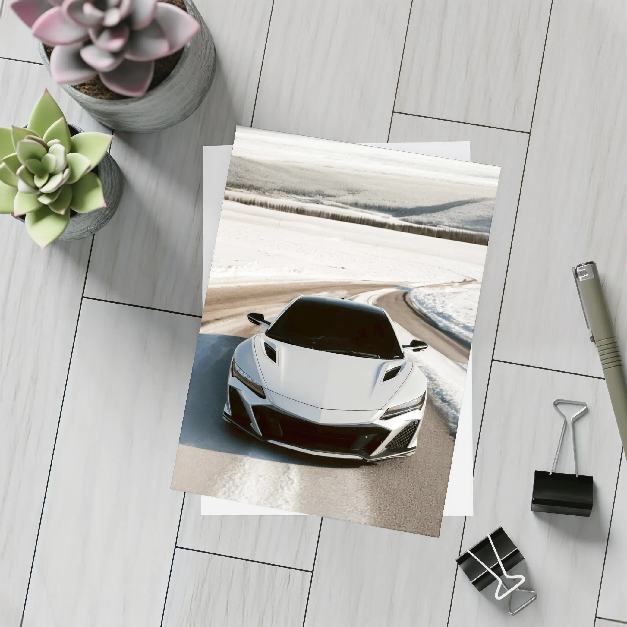 Acura NSX White Sports Car Snowy Road – Postcards