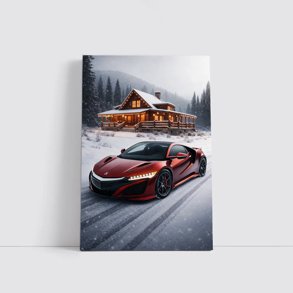 Acura NSX Red Supercar Snowy Winter Cabin – Wall Art