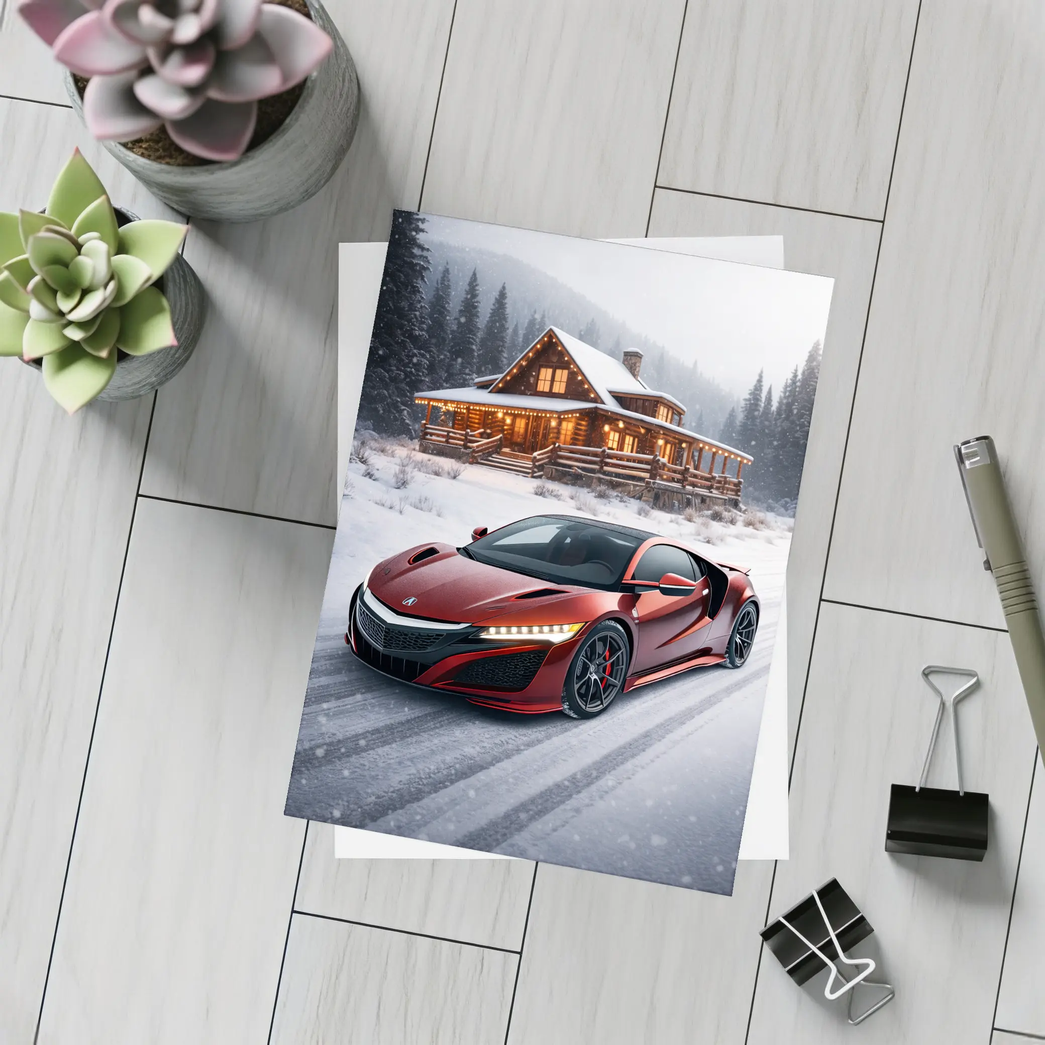 Acura NSX Red Supercar Snowy Winter Cabin – Postcards