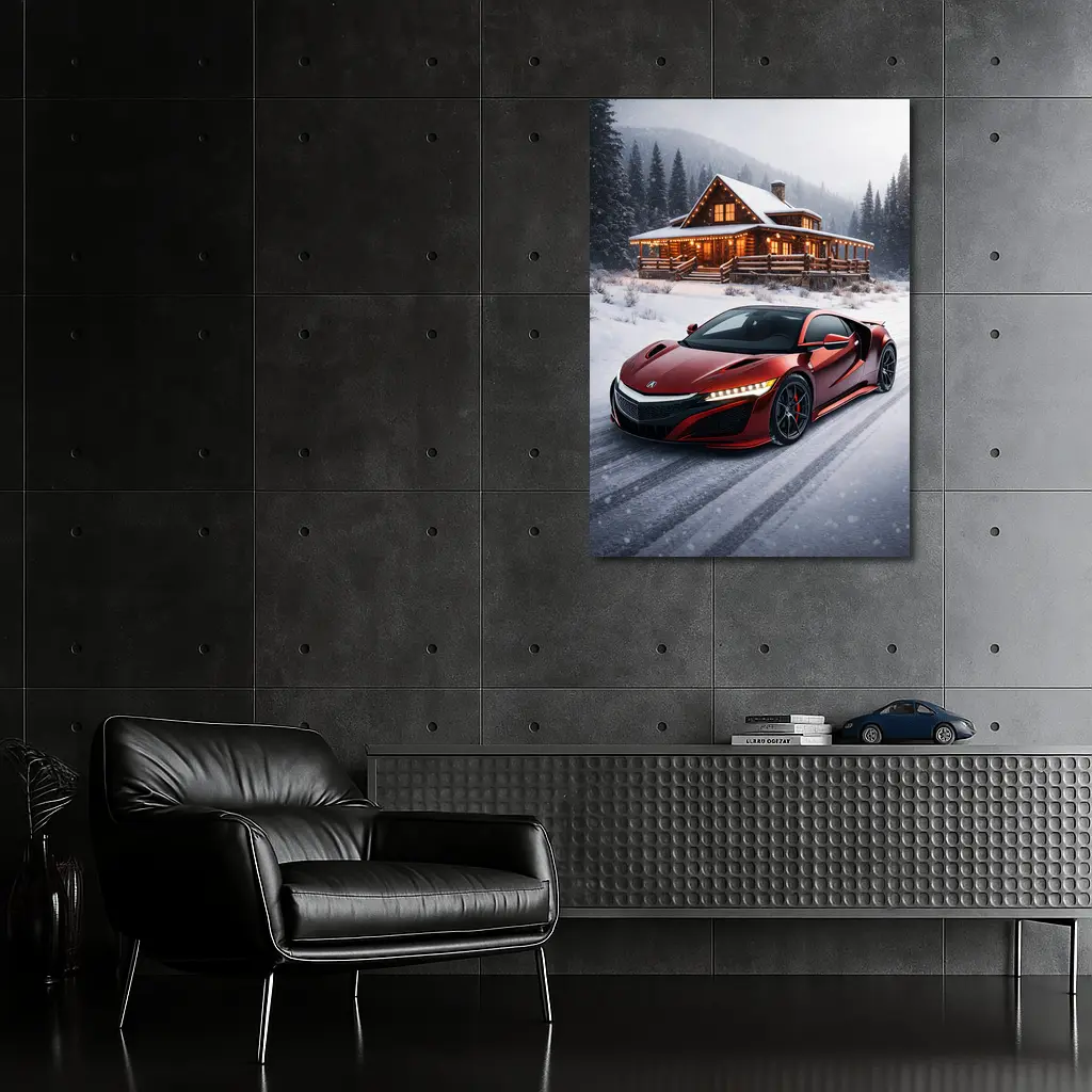 Acura NSX Red Supercar Snowy Winter Cabin – Wall Art