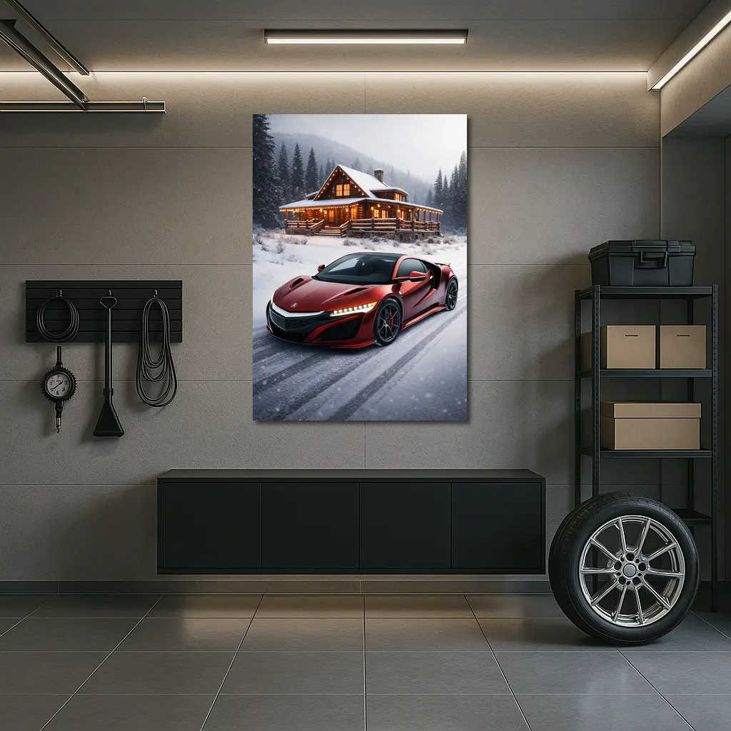 Acura NSX Red Supercar Snowy Winter Cabin – Wall Art