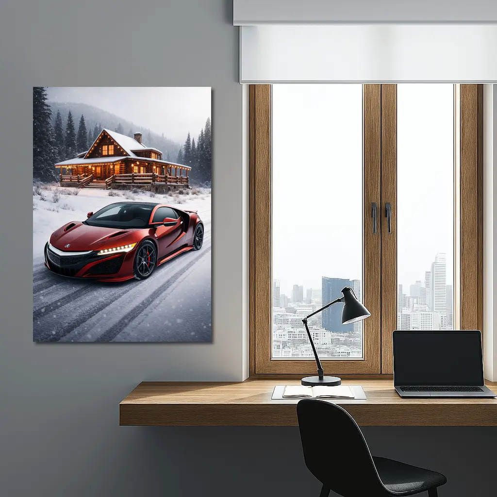 Acura NSX Red Supercar Snowy Winter Cabin – Wall Art