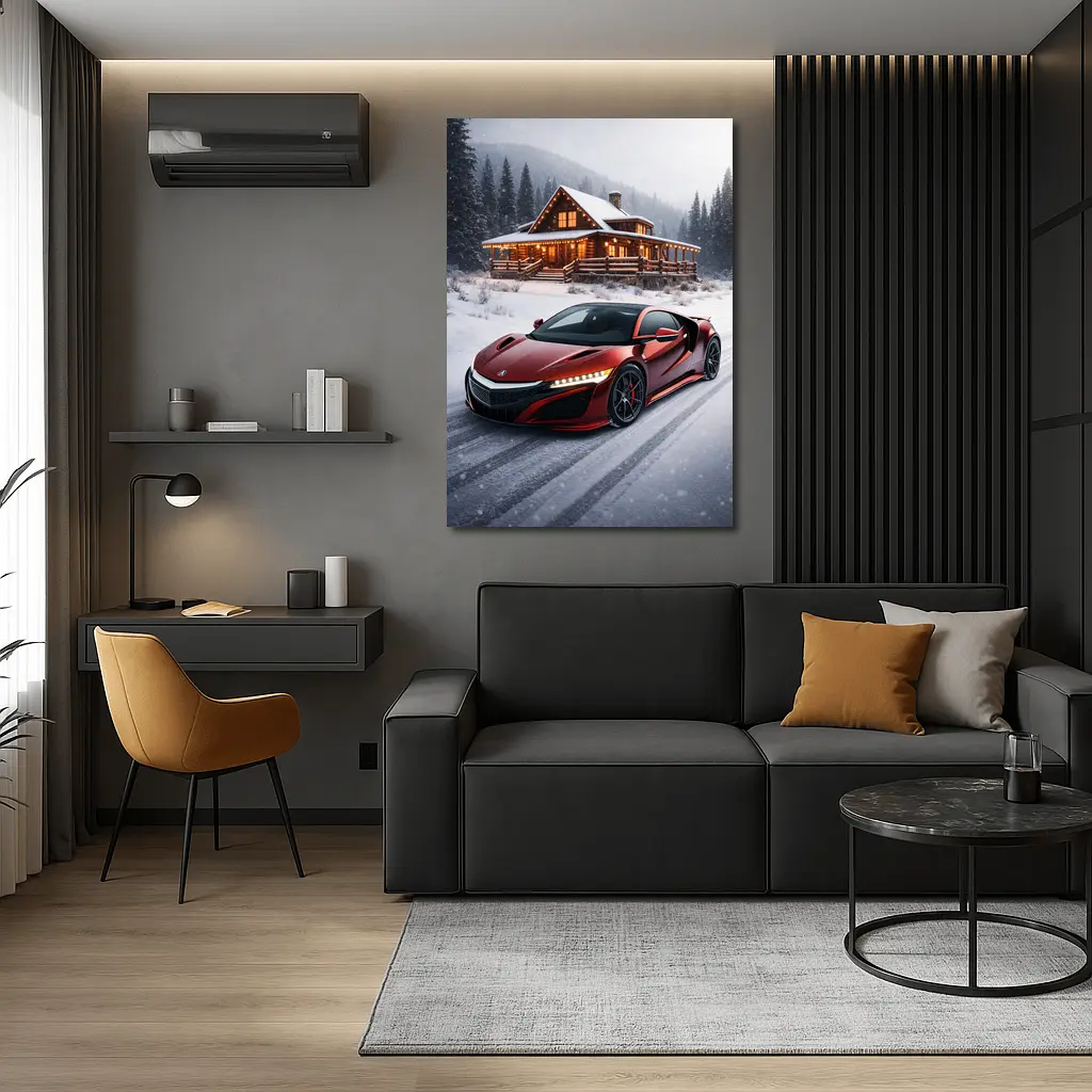 Acura NSX Red Supercar Snowy Winter Cabin – Wall Art
