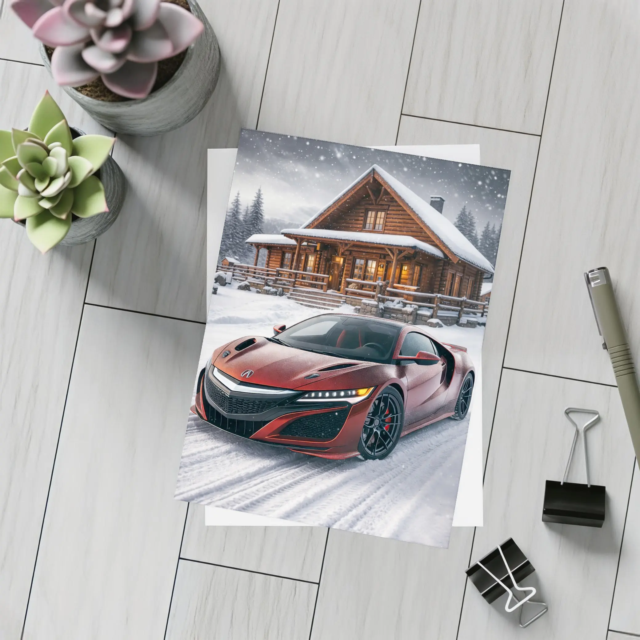 Acura NSX Red Supercar Snowy Cabin – Postcards