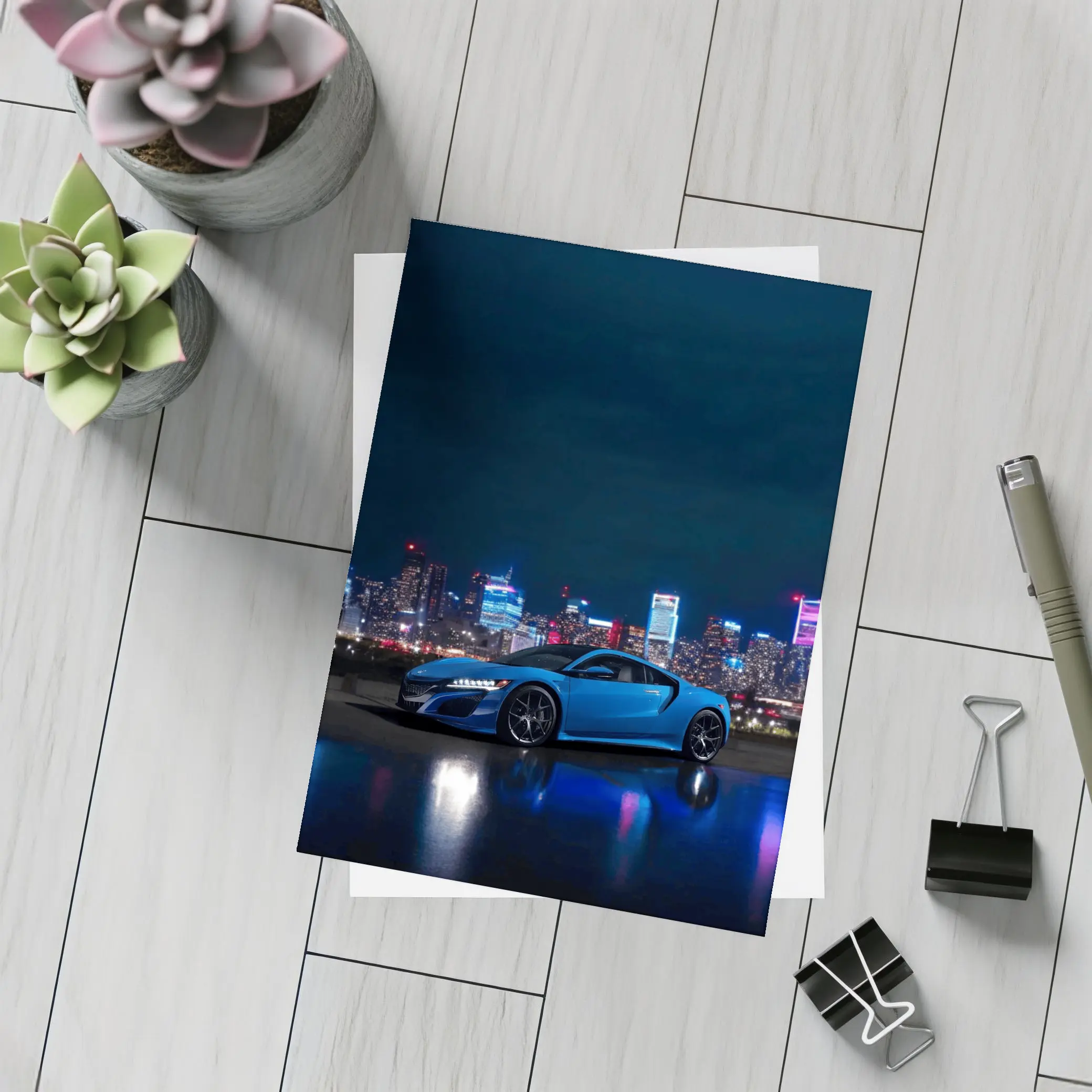 Acura NSX Blue Supercar Night City Skyline – Postcards