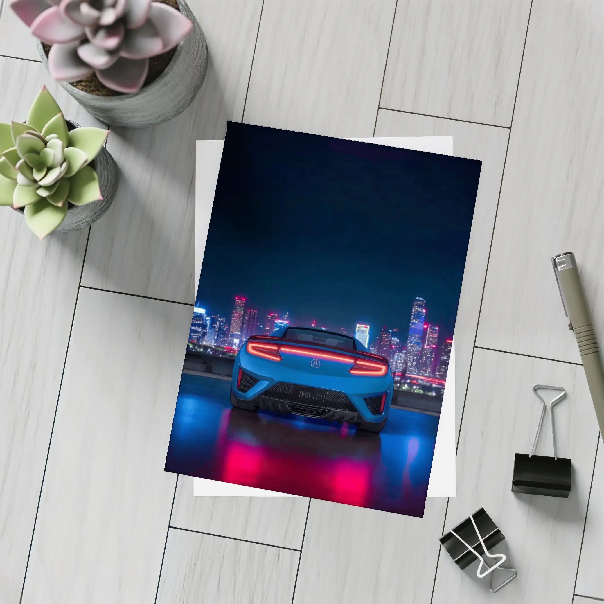 Acura NSX Blue Rear Night City Skyline – Postcards