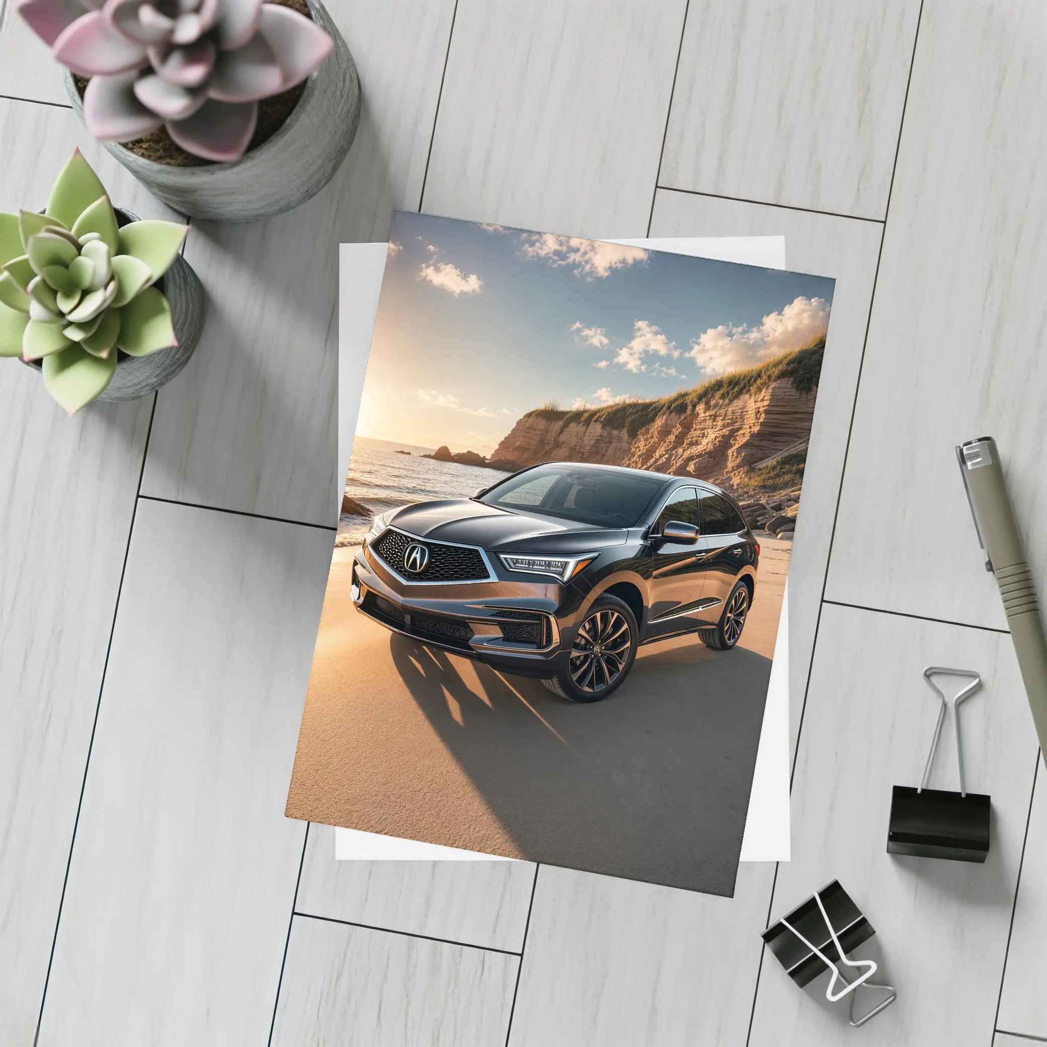 Acura RDX Parked on Sunny Sandy Beach – Postcards