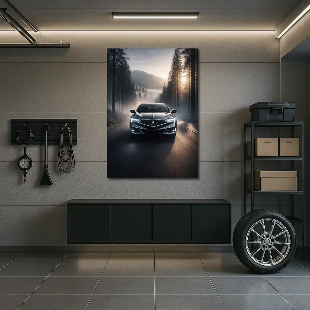 Acura TLX Driving Through Misty Forest Road – Wall Art