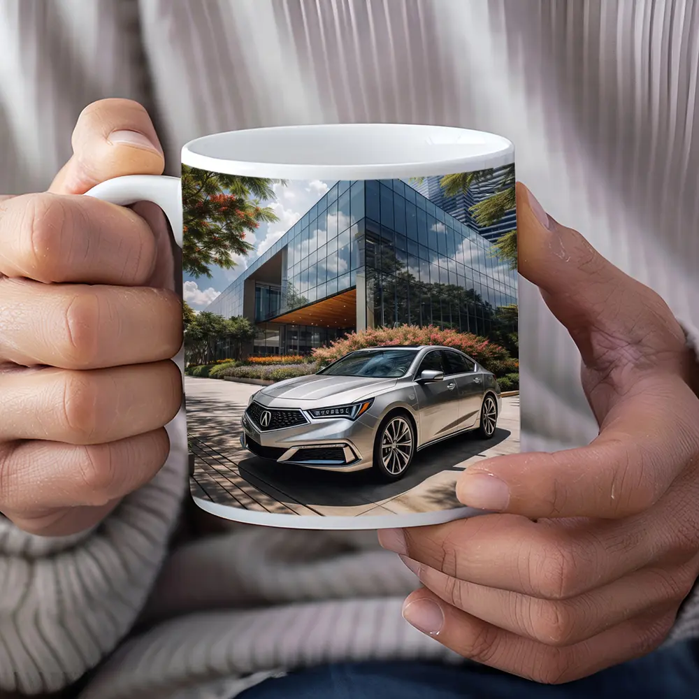 Acura RLX Silver Sedan Modern Glass Building – Mugs