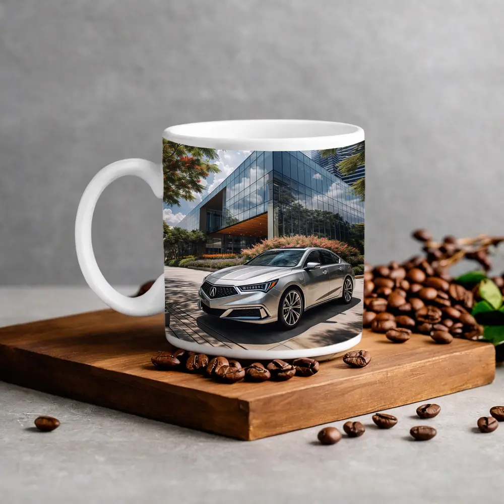 Acura RLX Silver Sedan Modern Glass Building – Mugs