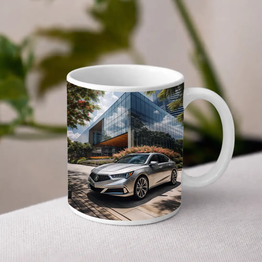Acura RLX Silver Sedan Modern Glass Building – Mugs