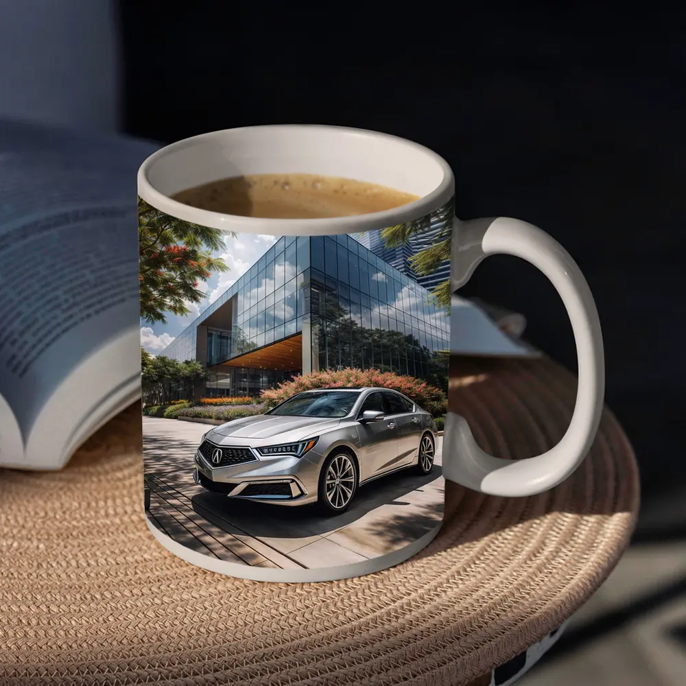 Acura RLX Silver Sedan Modern Glass Building – Mugs
