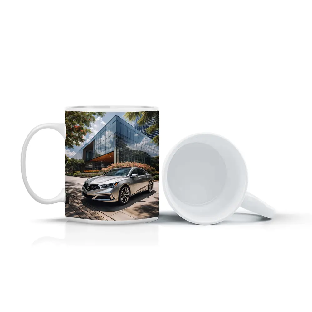 Acura RLX Silver Sedan Modern Glass Building – Mugs