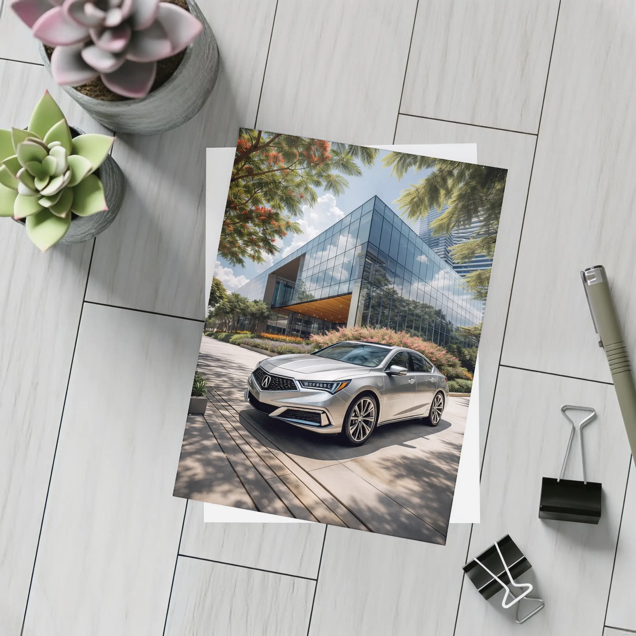 Acura RLX Silver Sedan Modern Glass Building – Postcards