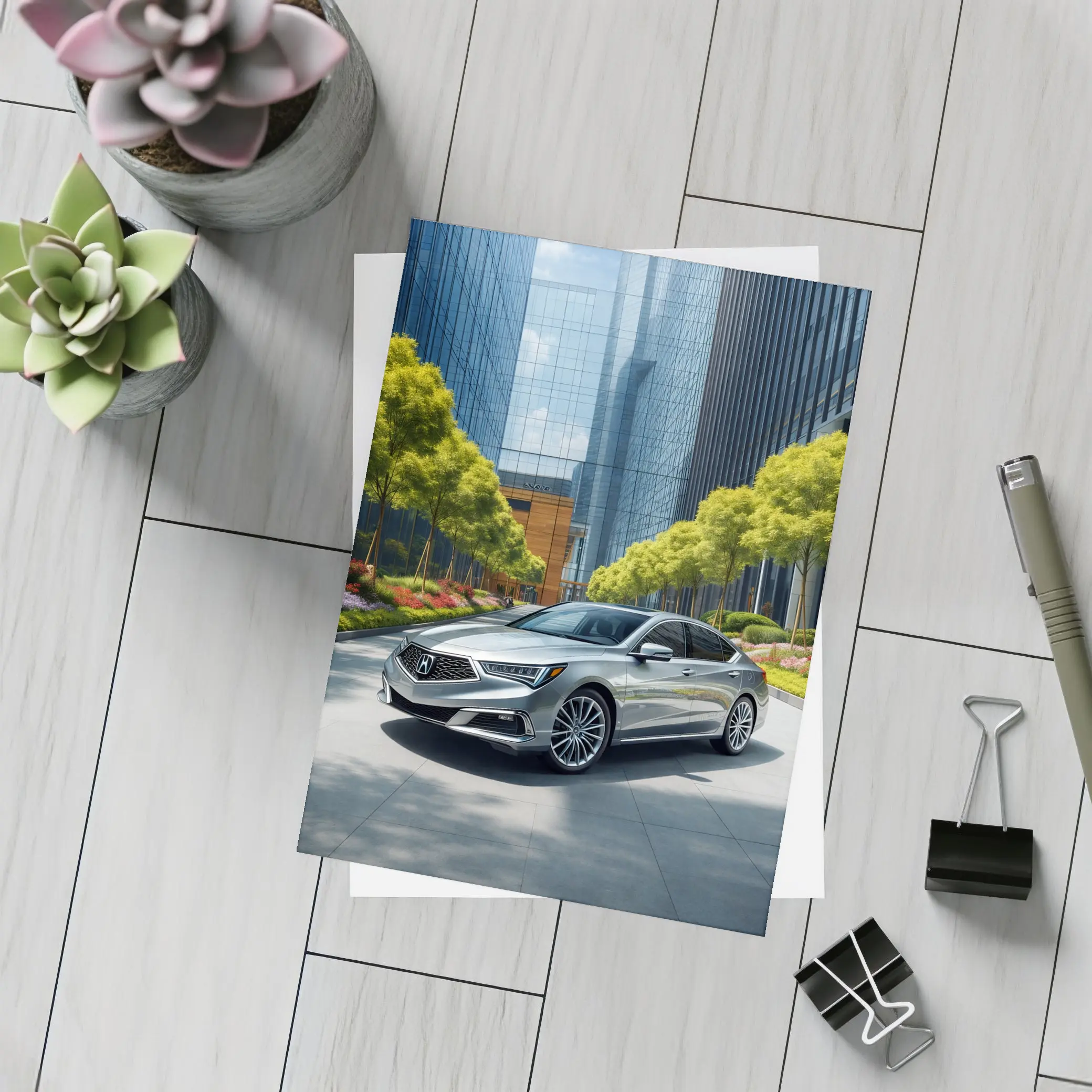 Acura RLX Silver Sedan Urban Glass Buildings – Postcards