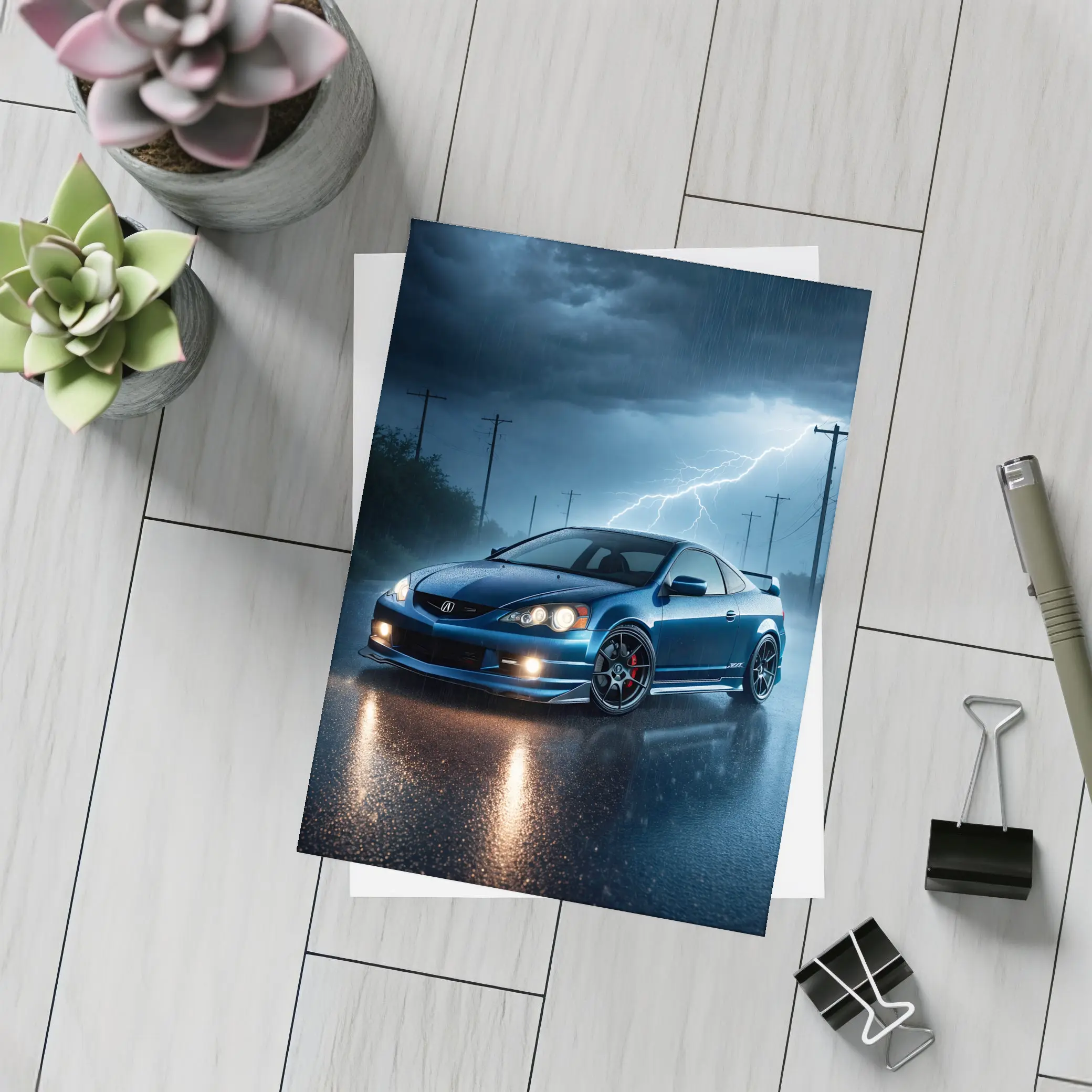 Acura RSX Blue Sports Car Stormy Night – Postcards