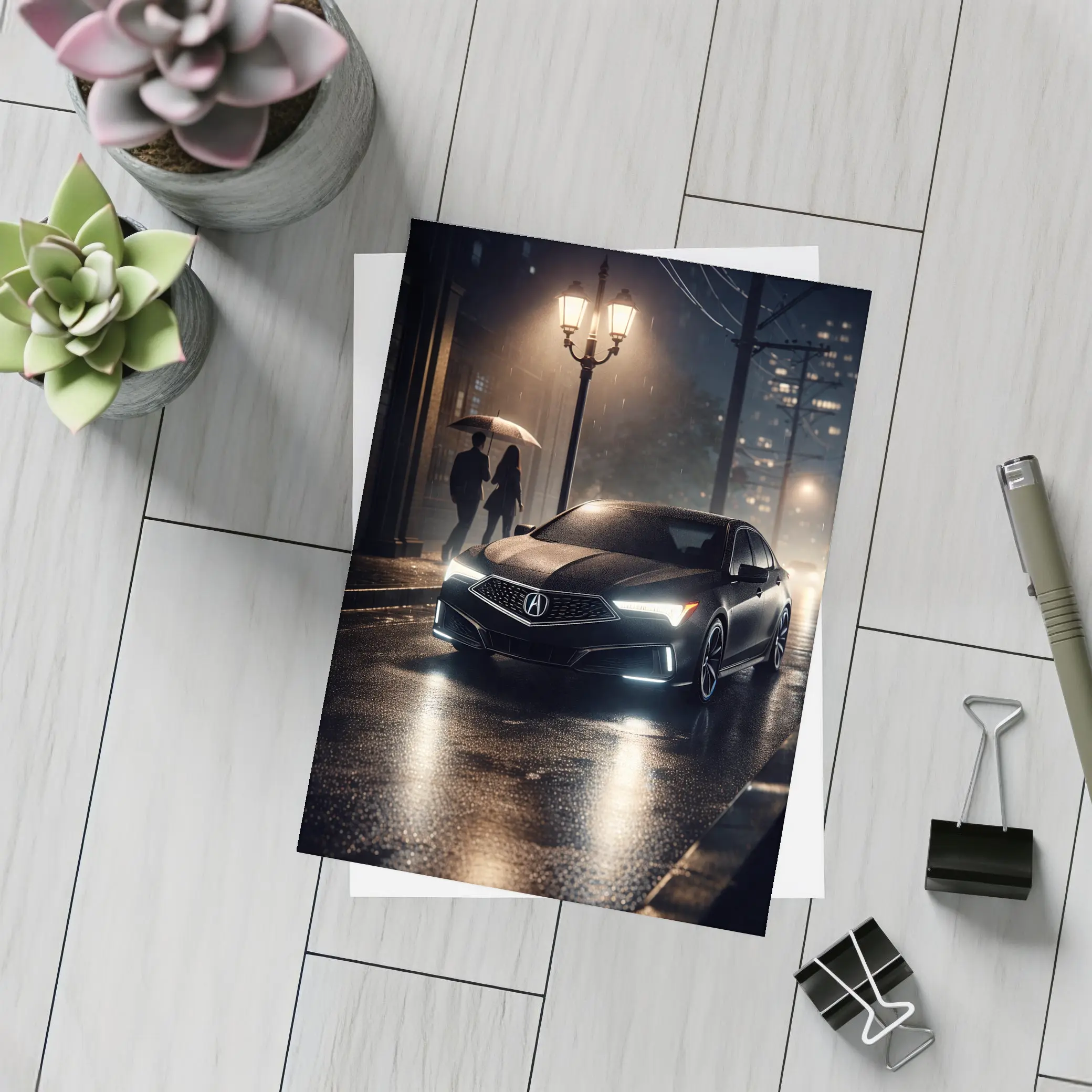 Acura TL Black Sedan Rainy Night Street – Postcards