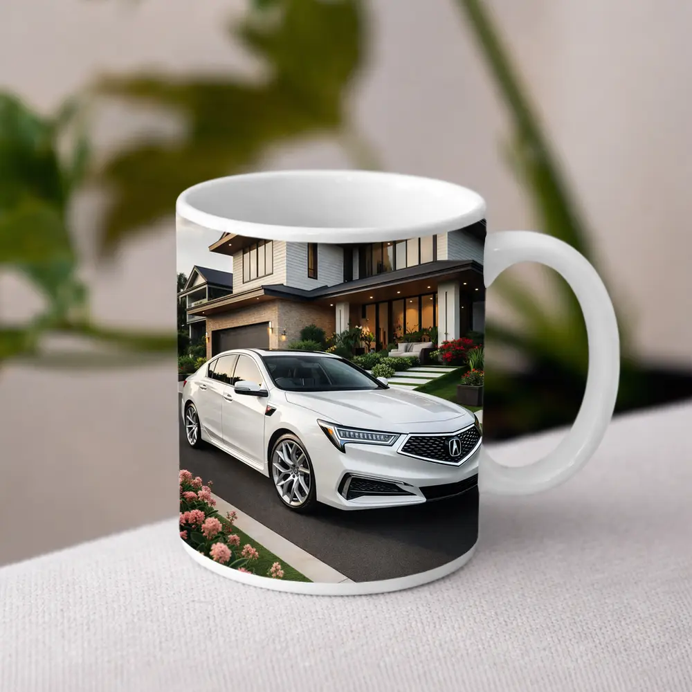 Acura TL White Sedan Modern House Driveway – Mugs