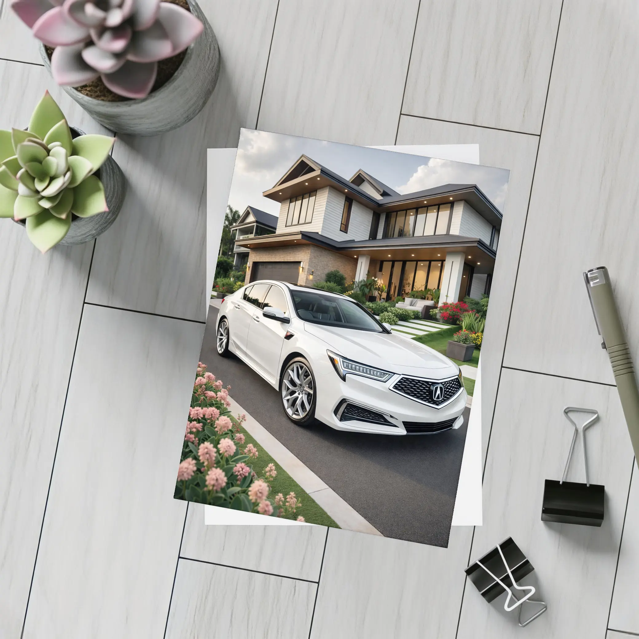 Acura TL White Sedan Modern House Driveway – Postcards