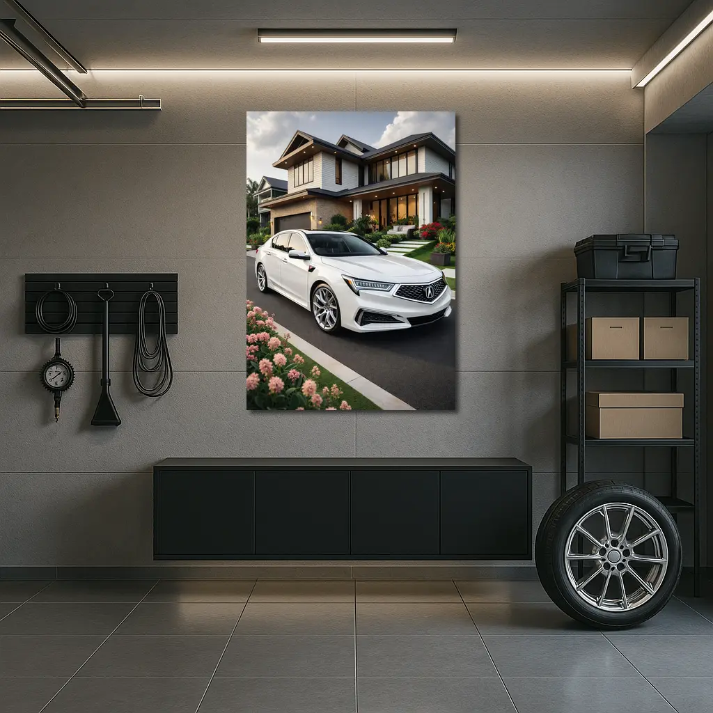 Acura TL White Sedan Modern House Driveway – Wall Art