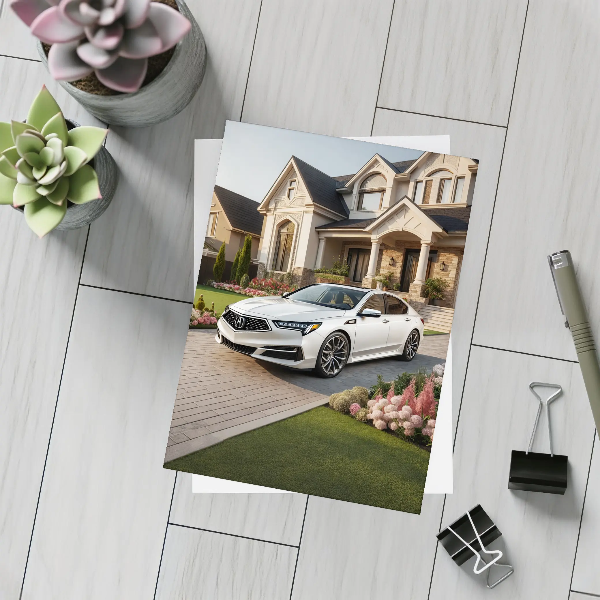 Acura TL White Sedan Luxury Home Driveway – Postcards