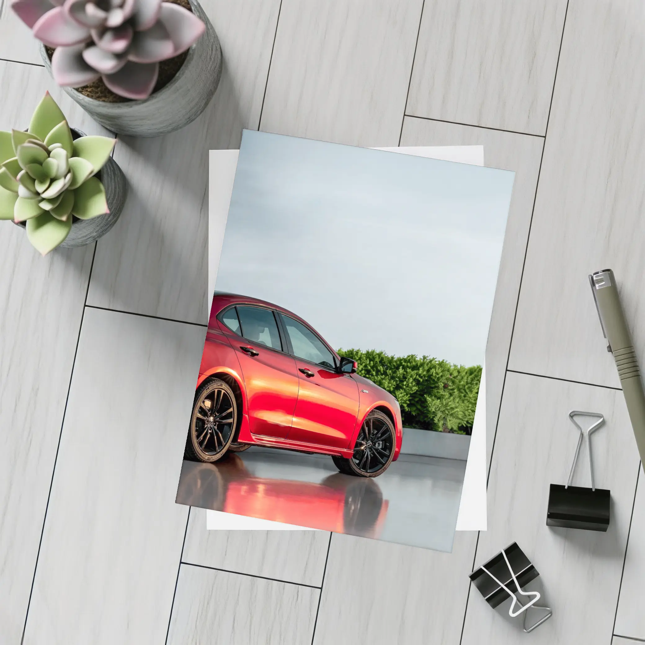 Acura TLX Red Sedan Overcast Sky Background – Postcards