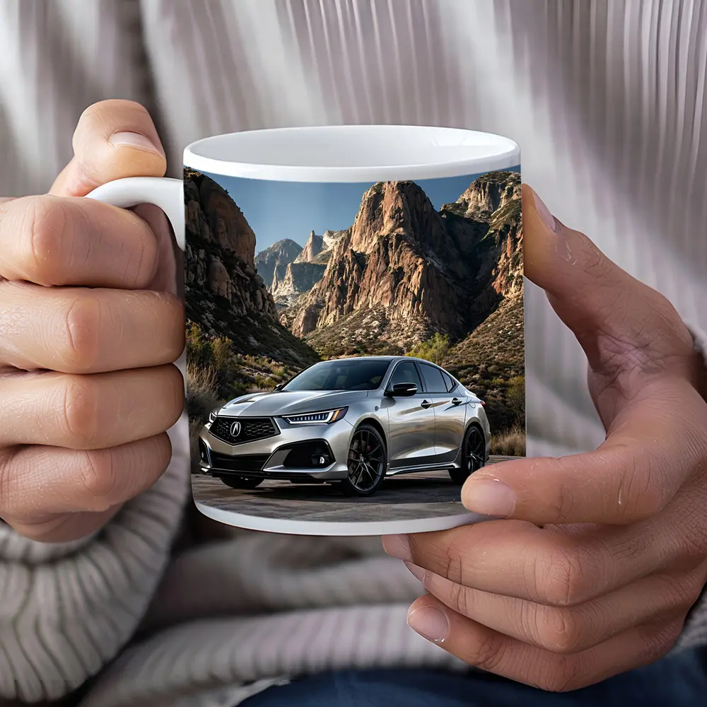 Acura TLX Silver Parked Among Rocky Mountains – Mugs