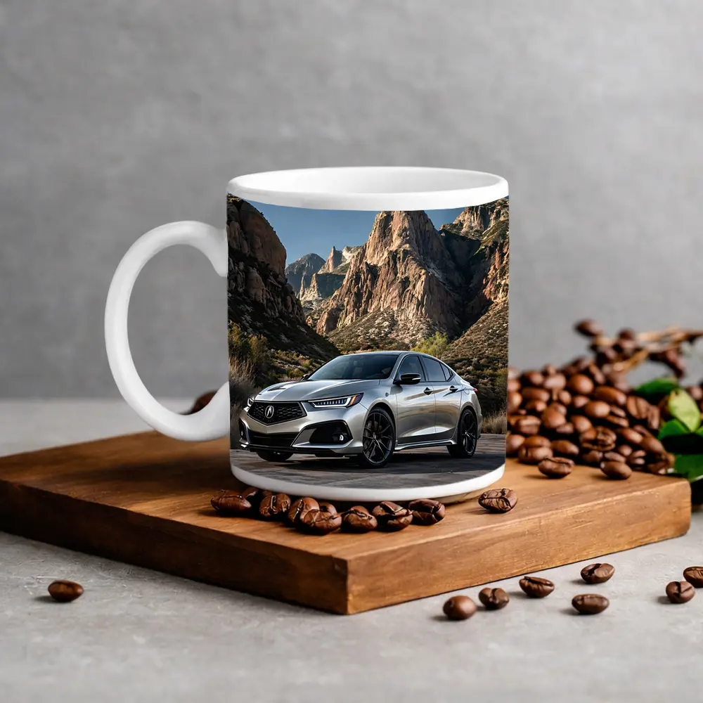 Acura TLX Silver Parked Among Rocky Mountains – Mugs