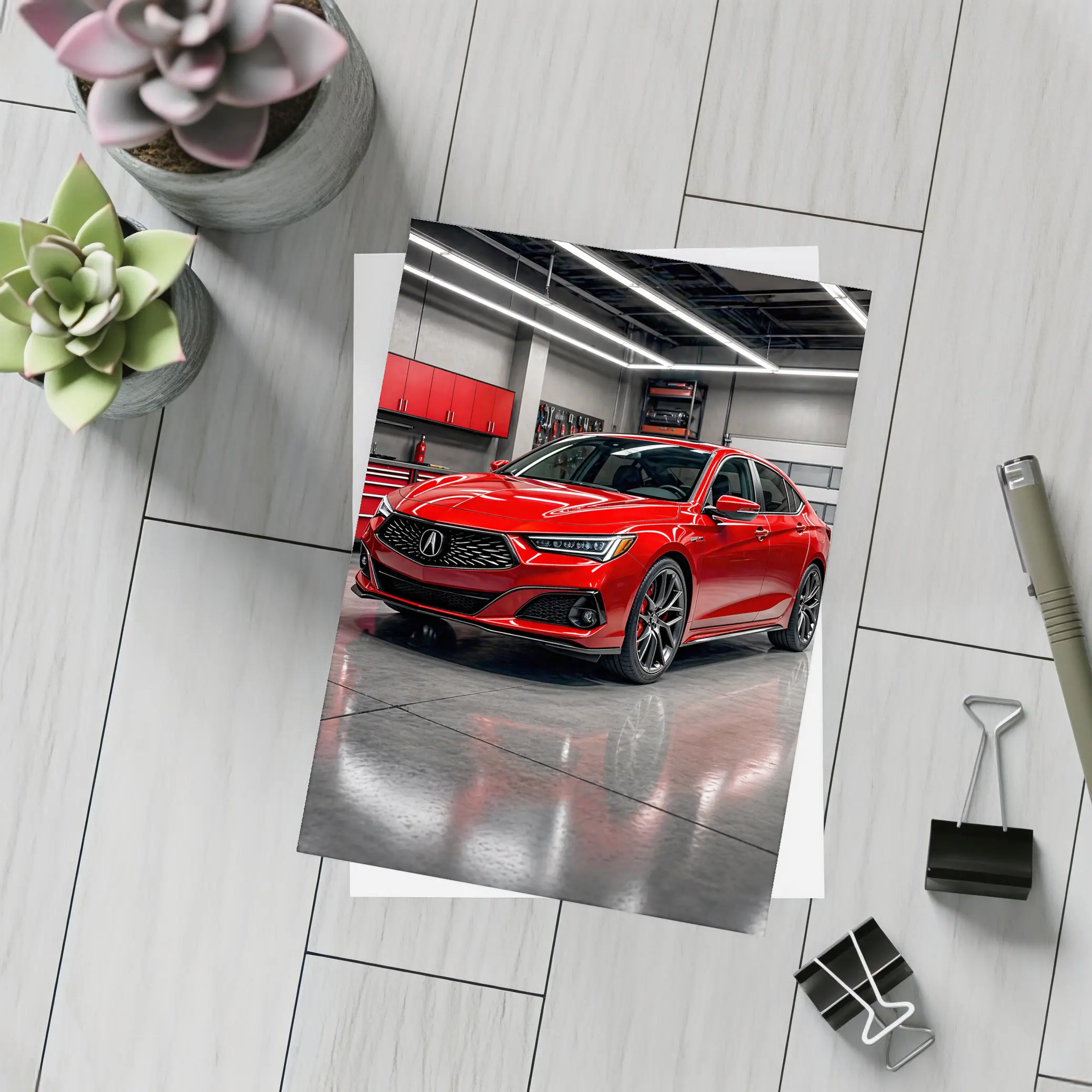 Acura TLX Red Sedan in Modern Garage – Postcards