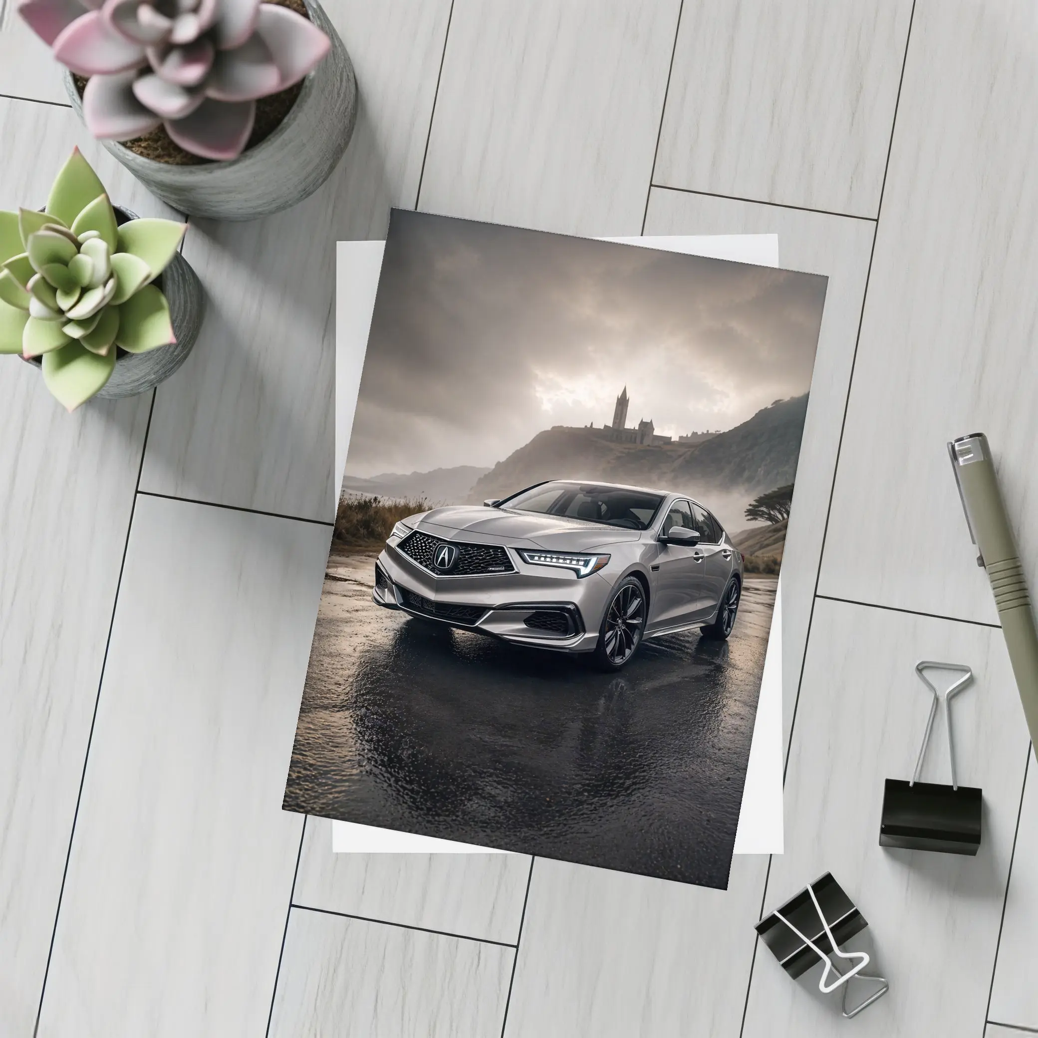 Acura TLX Silver Sedan Stormy Coastal Setting – Postcards