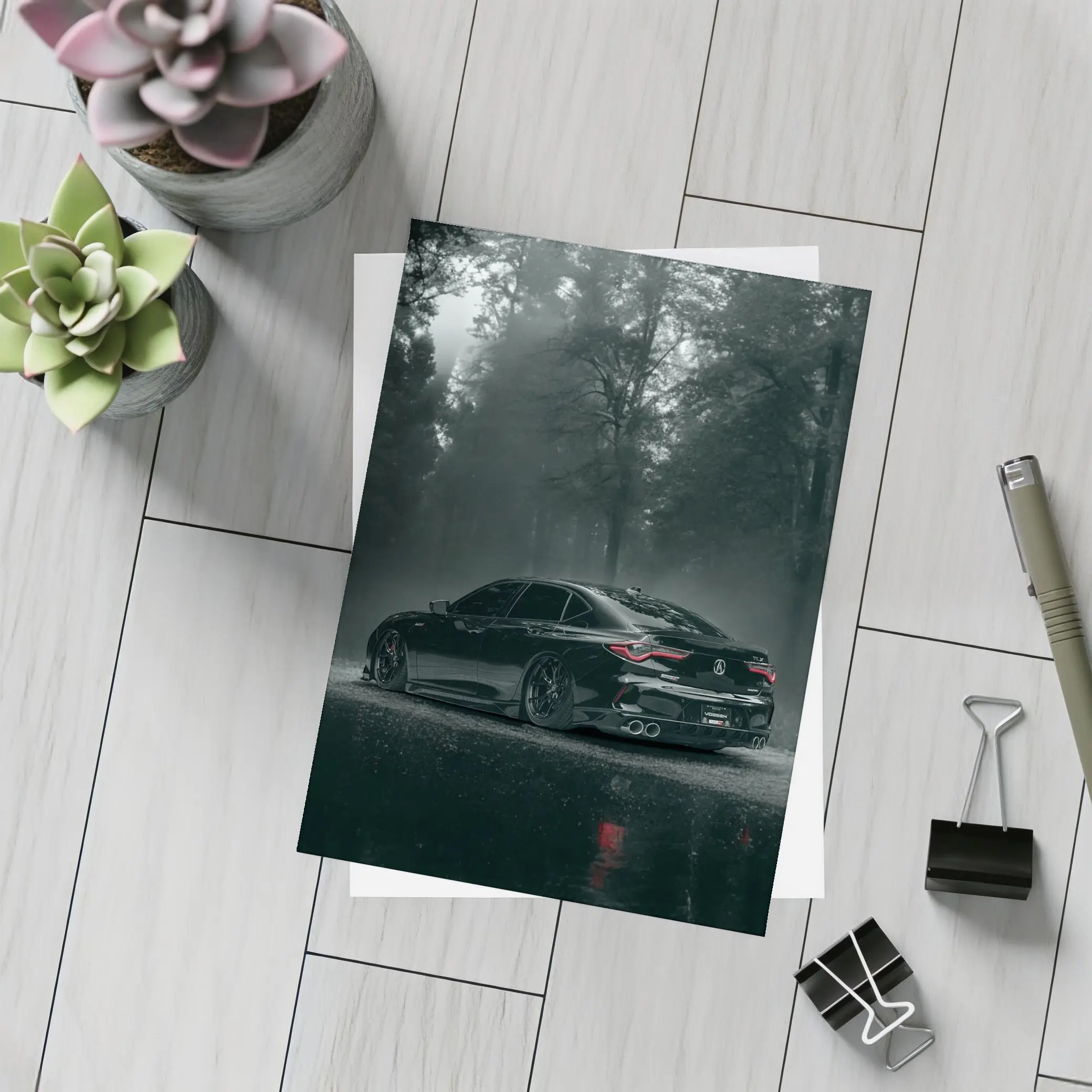 Acura TLX Black Sedan Foggy Forest Night – Postcards