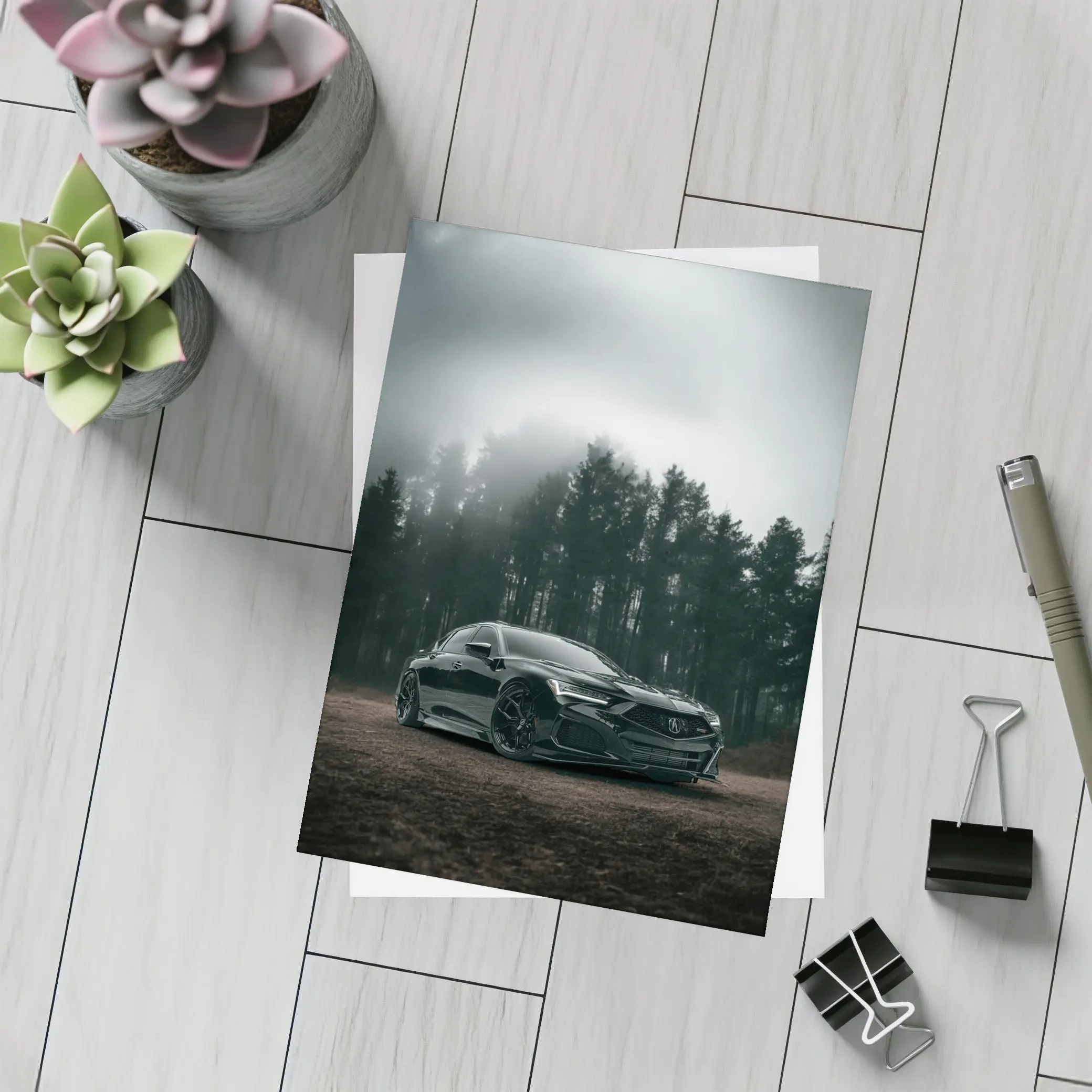 Acura TLX Black Sedan Foggy Forest – Postcards