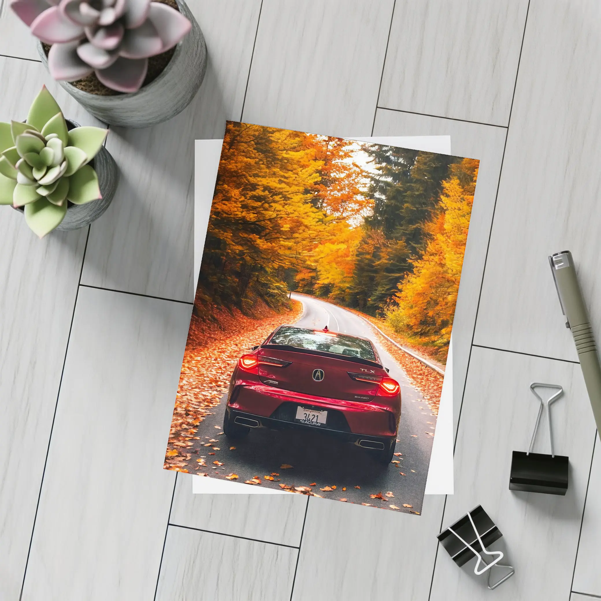 Acura TLX Red Car Autumn Forest Road – Postcards