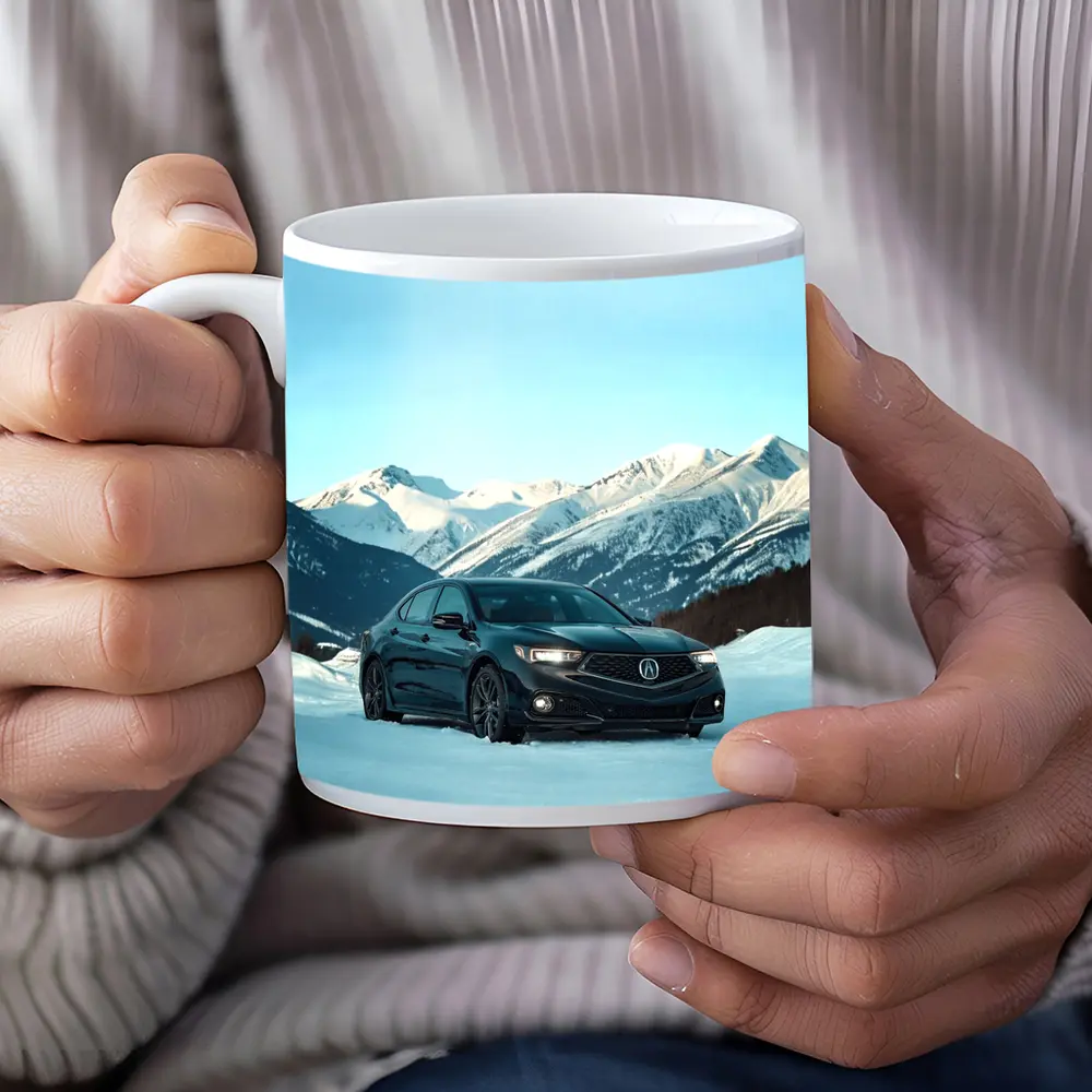 Acura TLX Black Sedan Snowy Mountain Backdrop – Mugs