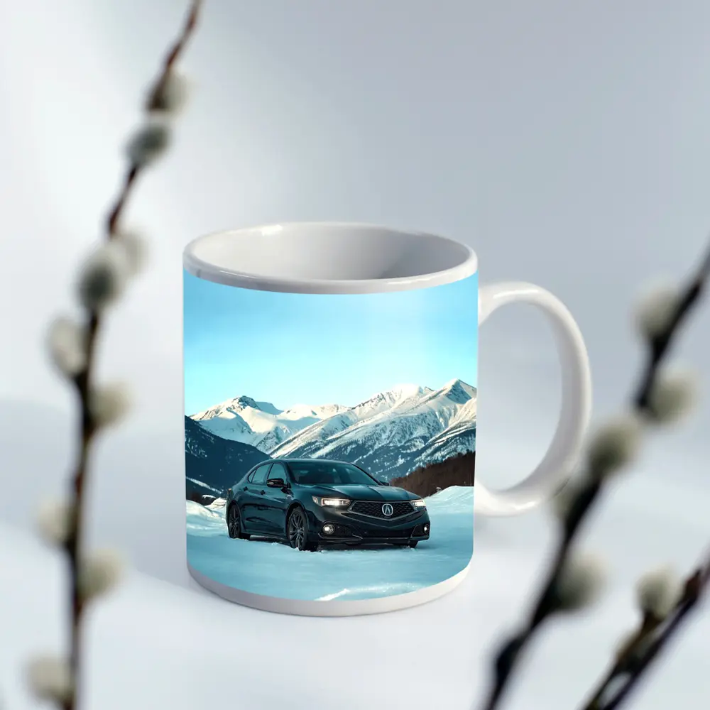 Acura TLX Black Sedan Snowy Mountain Backdrop – Mugs