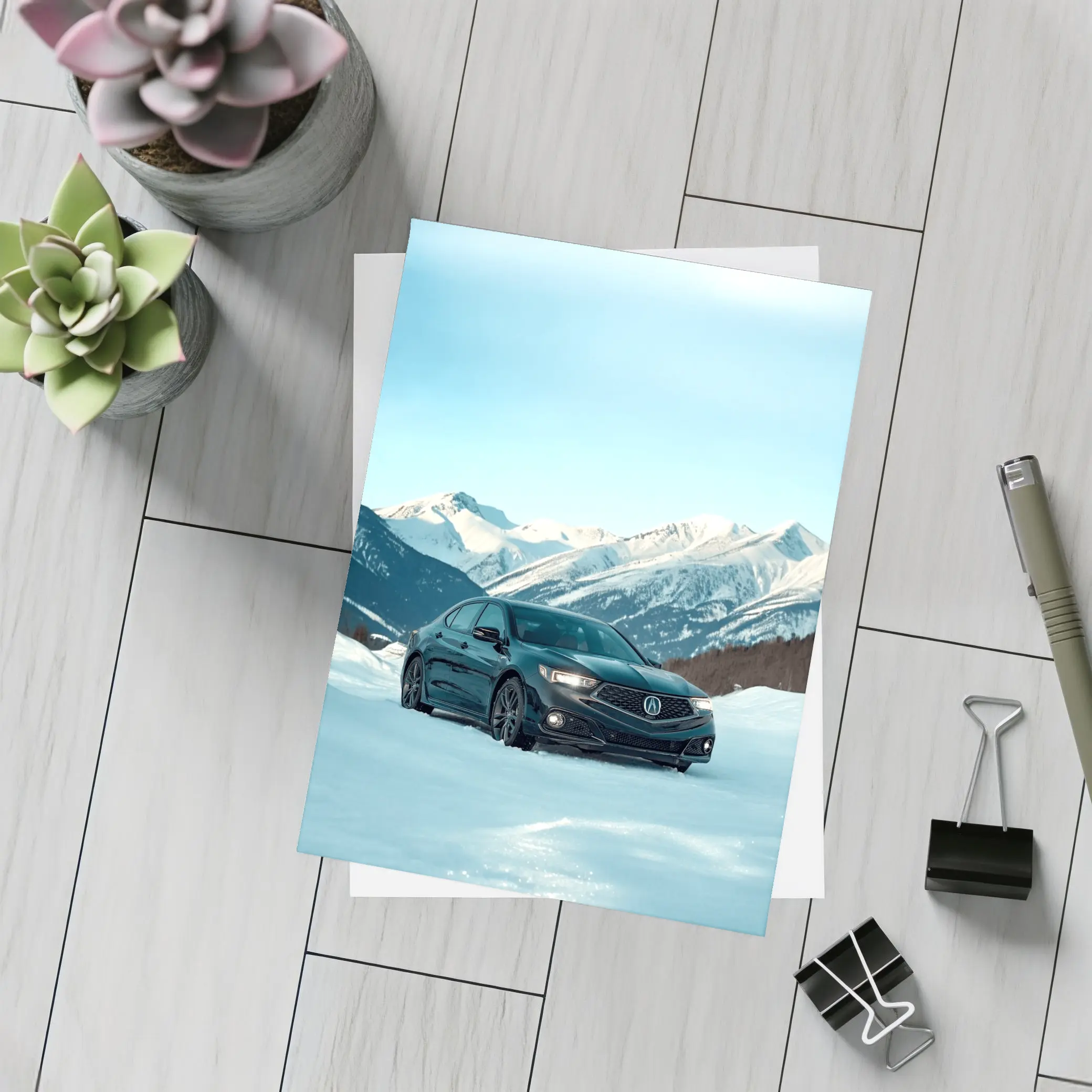 Acura TLX Black Sedan Snowy Mountain Backdrop – Postcards