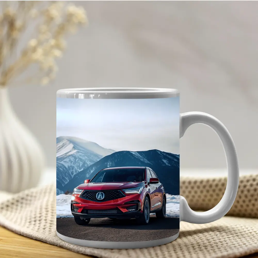Acura RDX Red SUV Snowy Mountain Background – Mugs