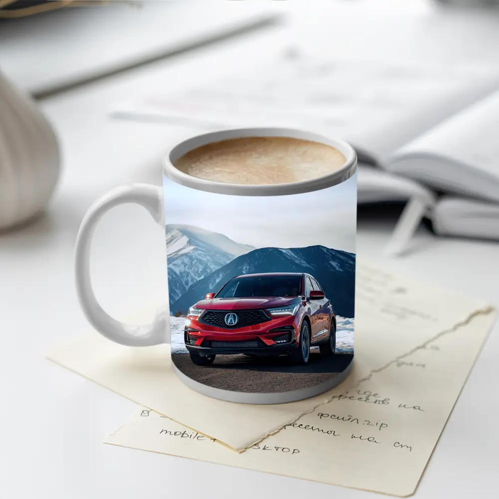Acura RDX Red SUV Snowy Mountain Background – Mugs