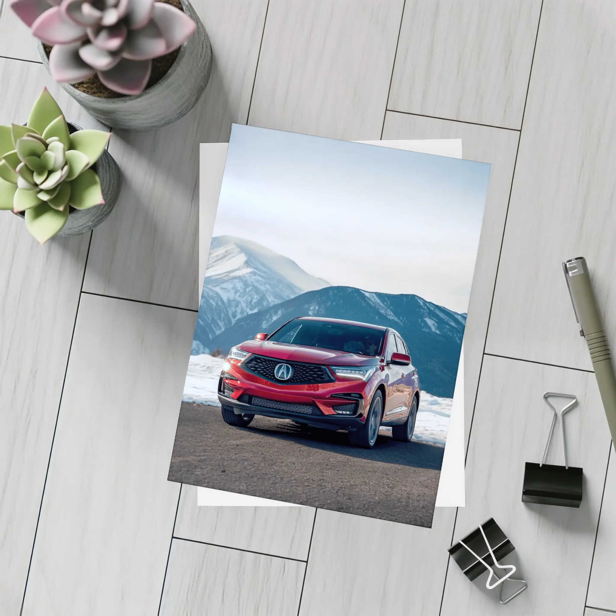 Acura RDX Red SUV Snowy Mountain Background – Postcards