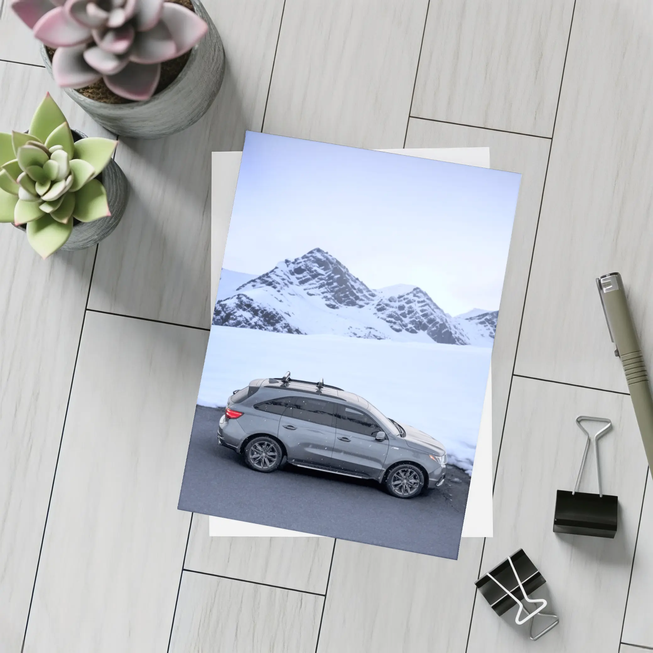 Acura MDX Gray SUV Snowy Mountain Backdrop – Postcards